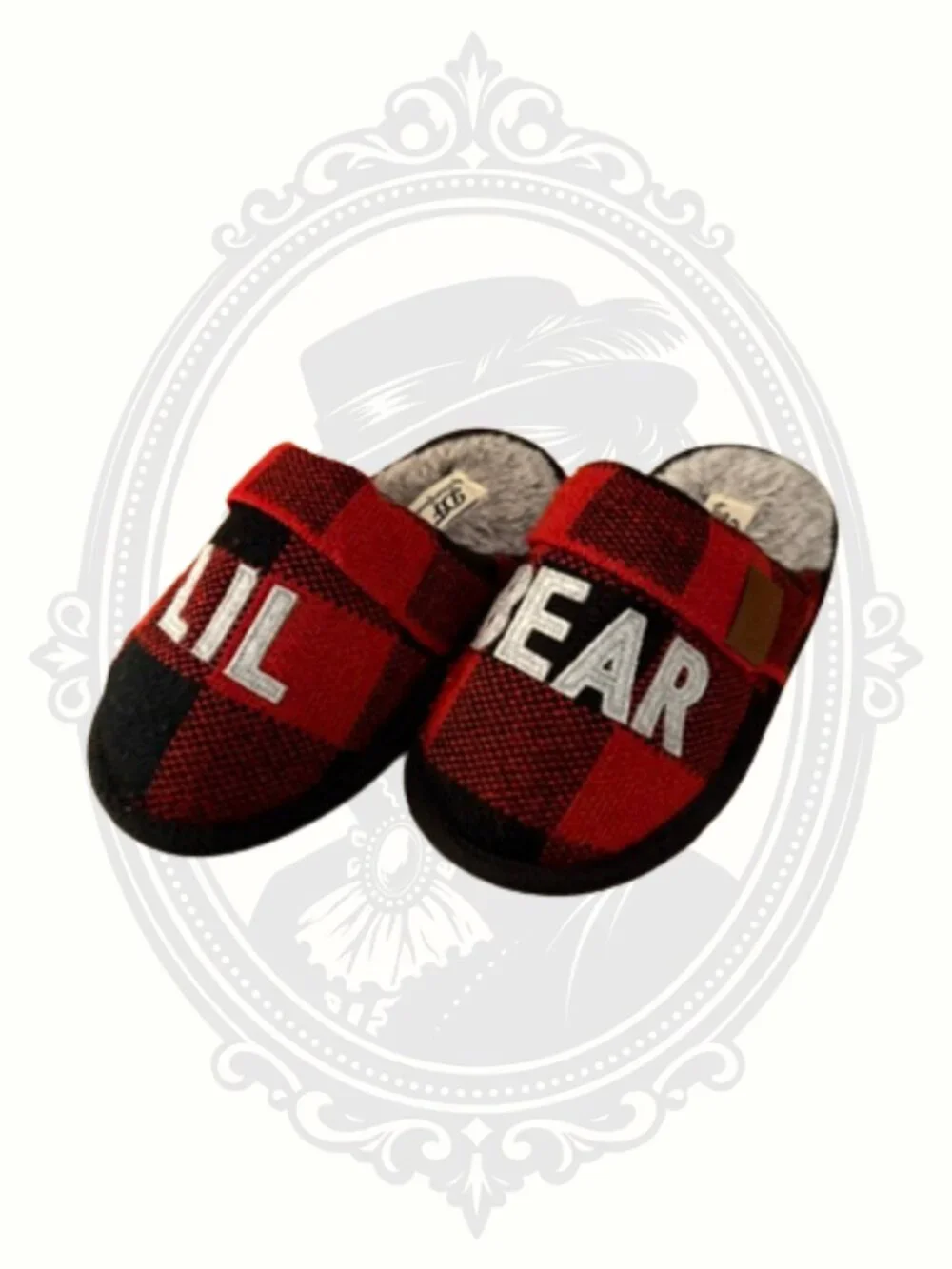 🐻Dearfoams Lil Bear Buffalo Plaid Plush House Slippers Kids US 11-12 Red Black